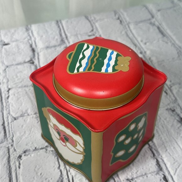 Vintage Santa Bell Poinsettia Cube Shaped Christmas metal tin 5” - Picture 2 of 13